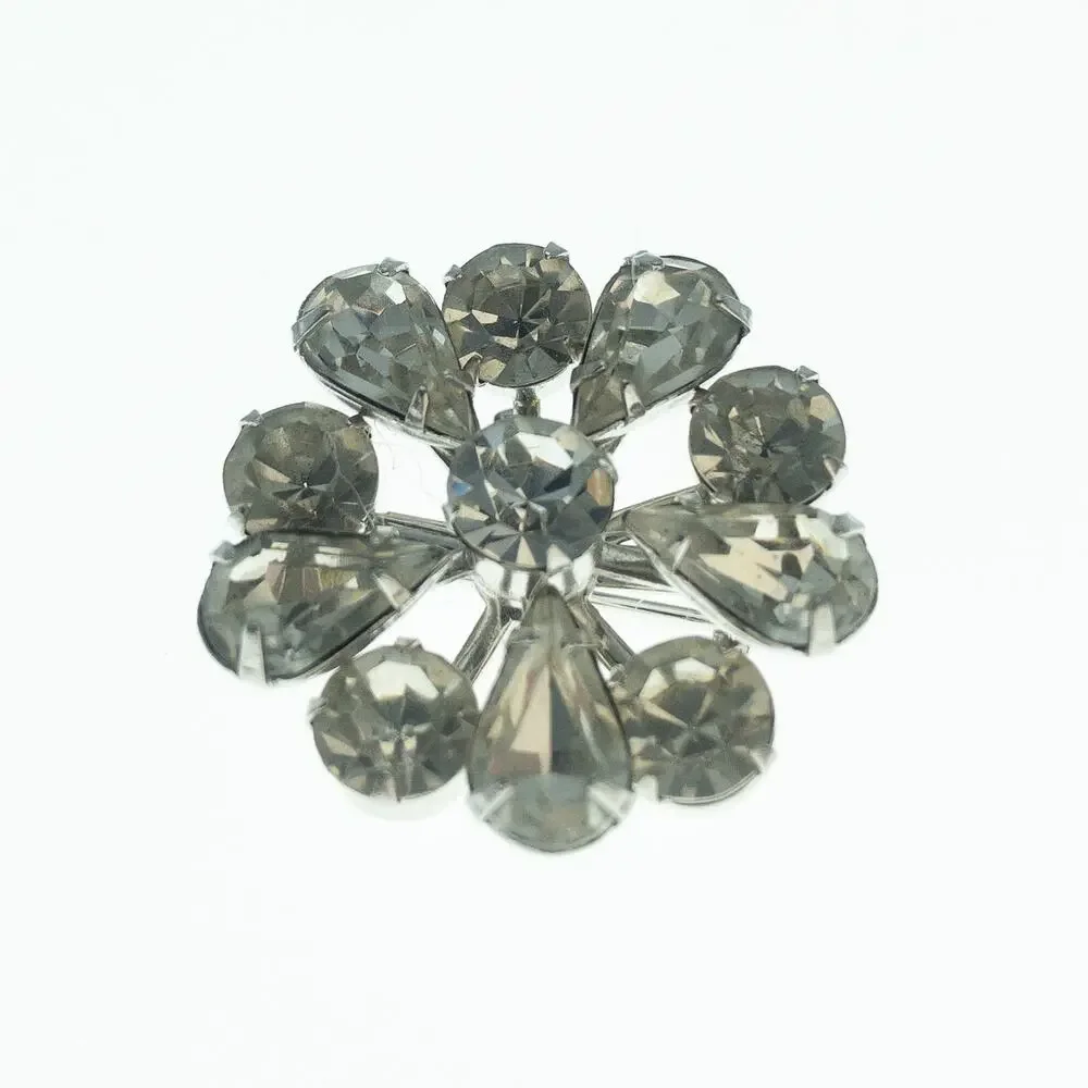 Vintage Rhinestone Flower Brooch Silver Tone Starburst Pin 1.5